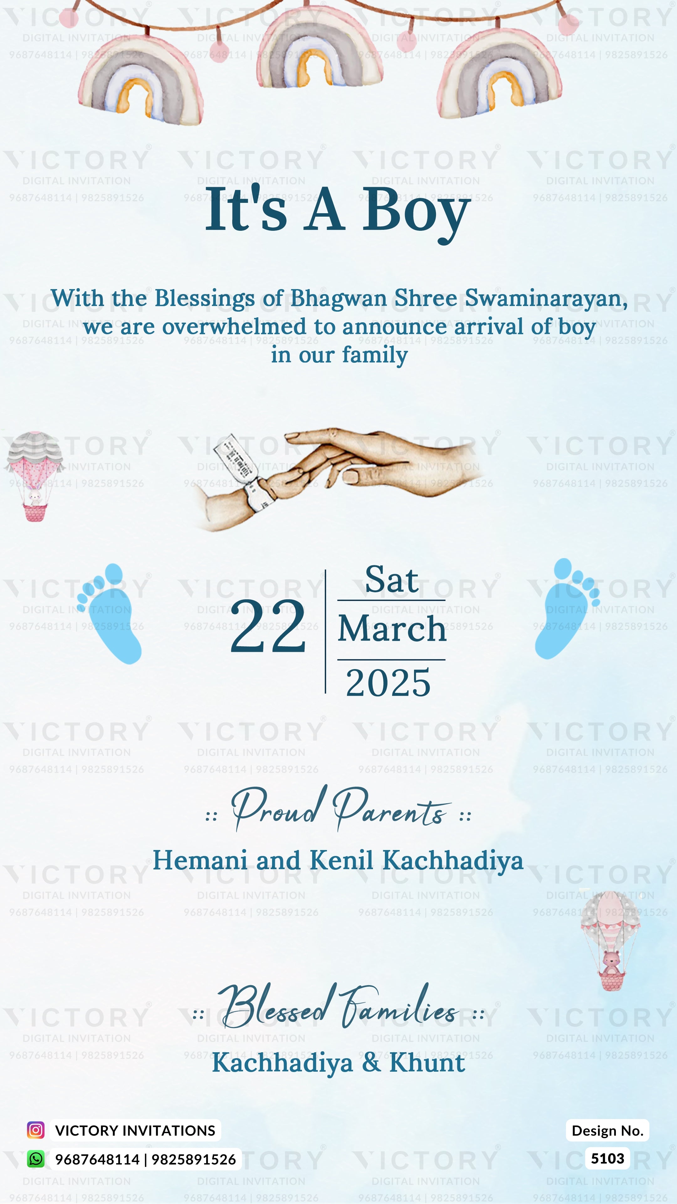 A baby boy's birth announcement card with a light blue background, decorated with pastel rainbow banners at the top, a hand holding a baby bottle, blue footprints, and text celebrating the arrival of a boy on 22 Sat March 2025.