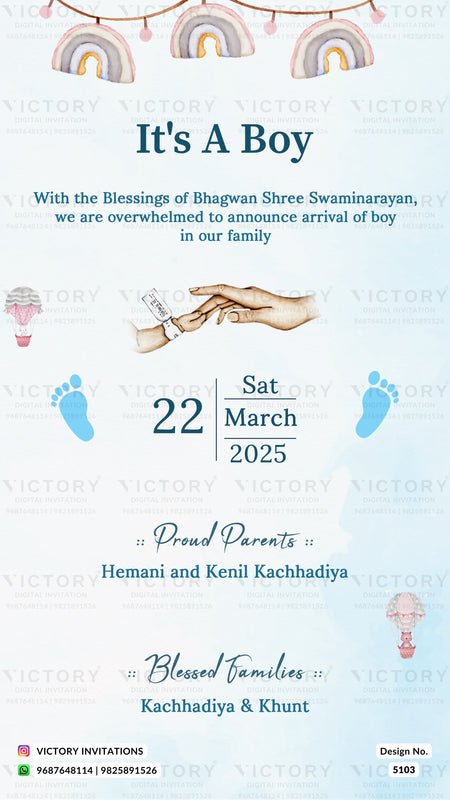 A baby boy's birth announcement card with a light blue background, decorated with pastel rainbow banners at the top, a hand holding a baby bottle, blue footprints, and text celebrating the arrival of a boy on 22 Sat March 2025.