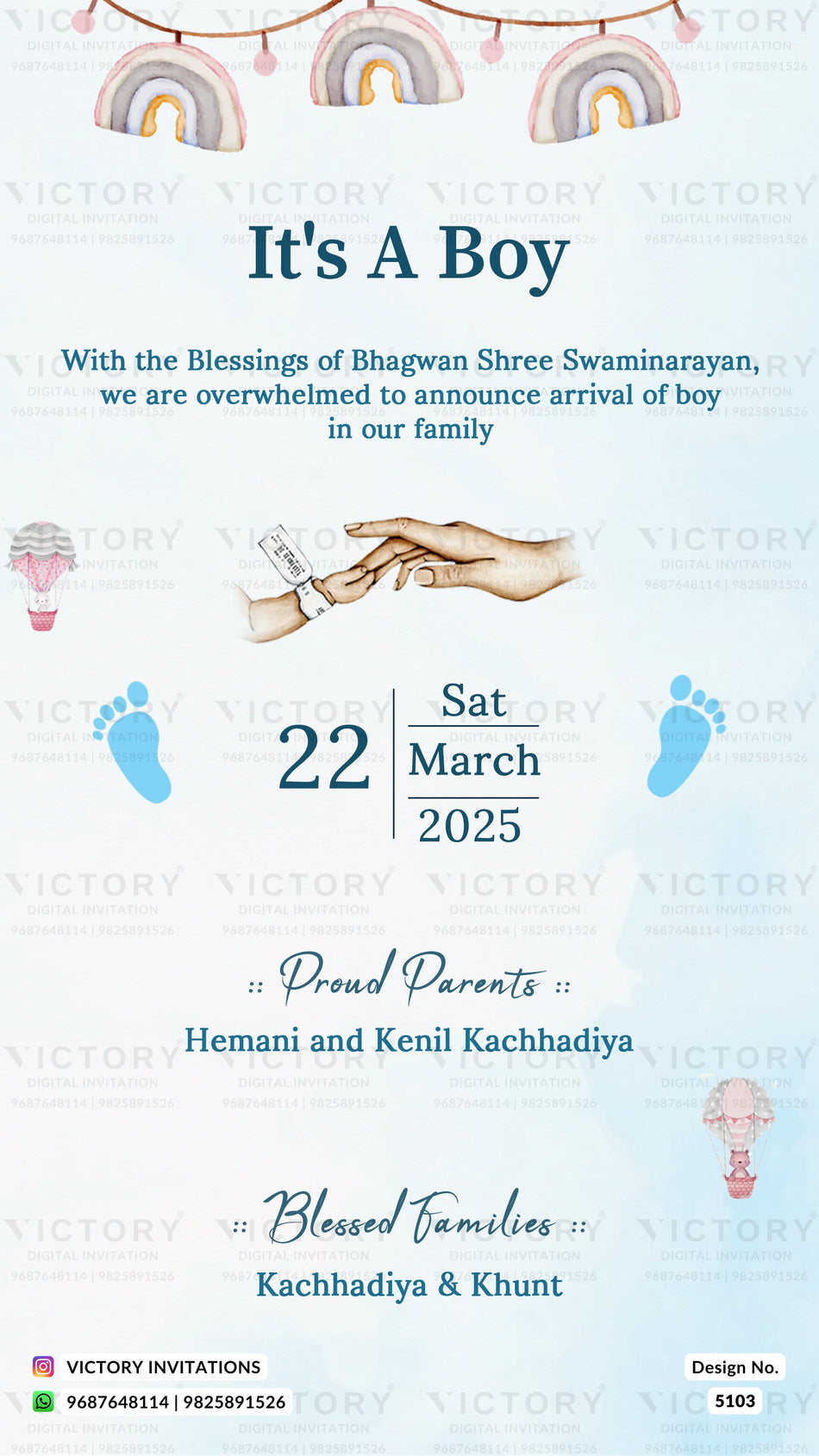 A baby boy's birth announcement card with a light blue background, decorated with pastel rainbow banners at the top, a hand holding a baby bottle, blue footprints, and text celebrating the arrival of a boy on 22 Sat March 2025.