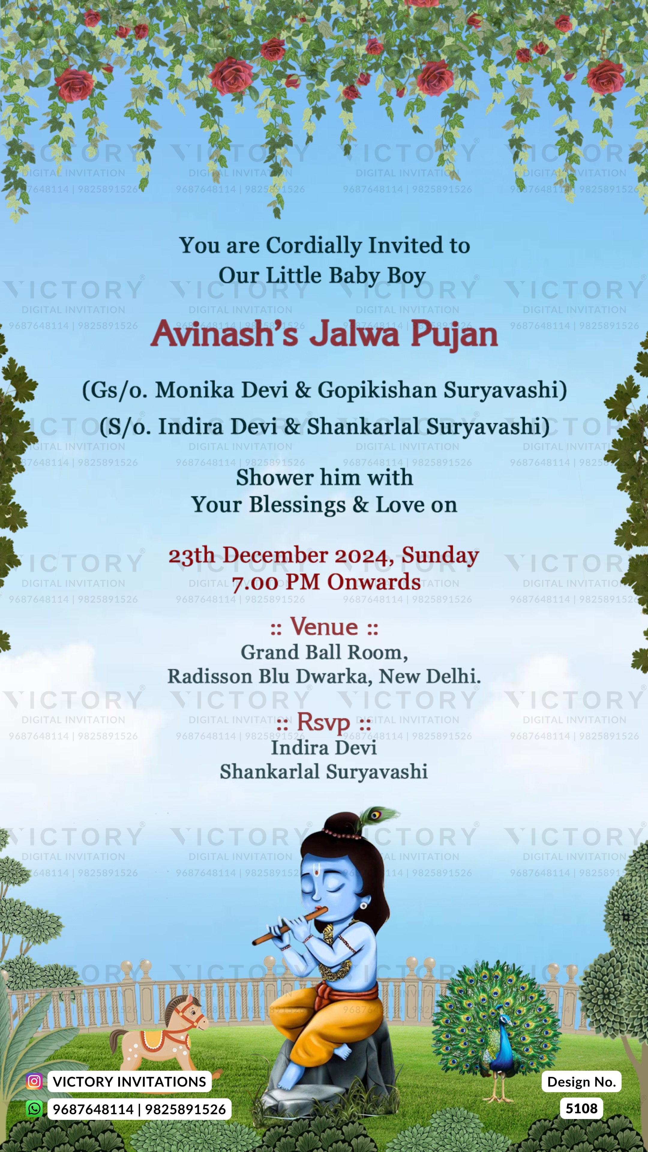 A baby boy's Jaalwa Pujan invitation card featuring a light blue sky background, green foliage with red roses at the top, and an illustration of a blue-skinned baby playing a flute at the bottom. The text details the event for 'Avinash's Jalwa Pujan' on December 23, 2024, at 7:00 PM at Grand Ball Room, Radisson Blu Dwarka, New Delhi.