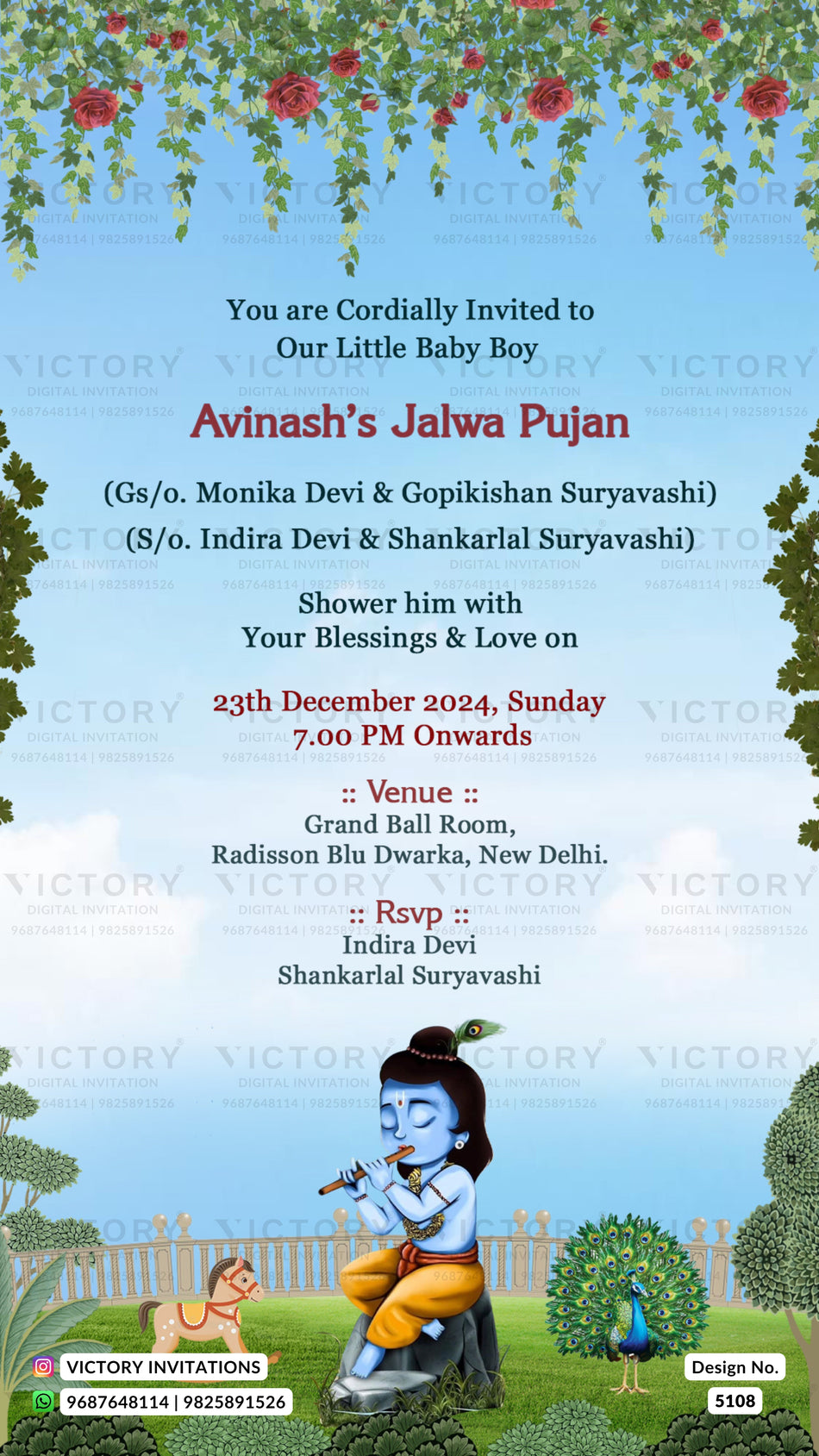 A baby boy's Jaalwa Pujan invitation card featuring a light blue sky background, green foliage with red roses at the top, and an illustration of a blue-skinned baby playing a flute at the bottom. The text details the event for 'Avinash's Jalwa Pujan' on December 23, 2024, at 7:00 PM at Grand Ball Room, Radisson Blu Dwarka, New Delhi.