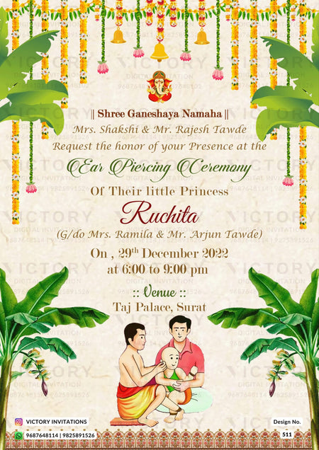 Ear Piercing ceremony invitation card in english language with banana leaves, garland as traditional theme design 511