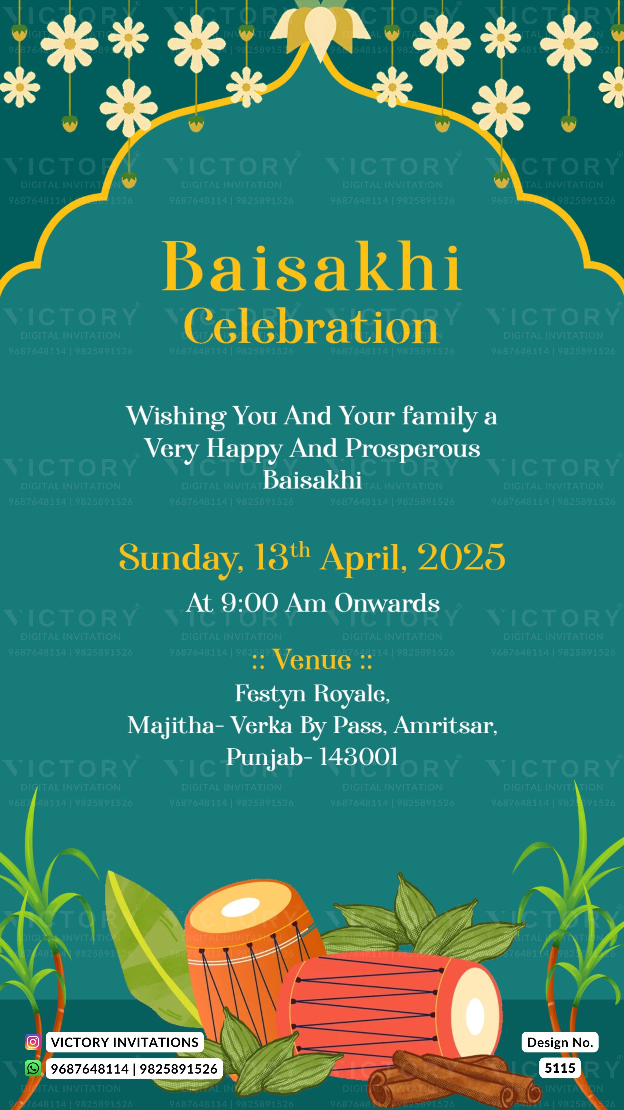 A digital Baisakhi Celebration invitation card design by Victory Invitations, featuring a teal background with yellow and white decorative borders, text details for Sunday, 15th April, 2025, and traditional Indian musical instruments (dholak and dhol) at the bottom.