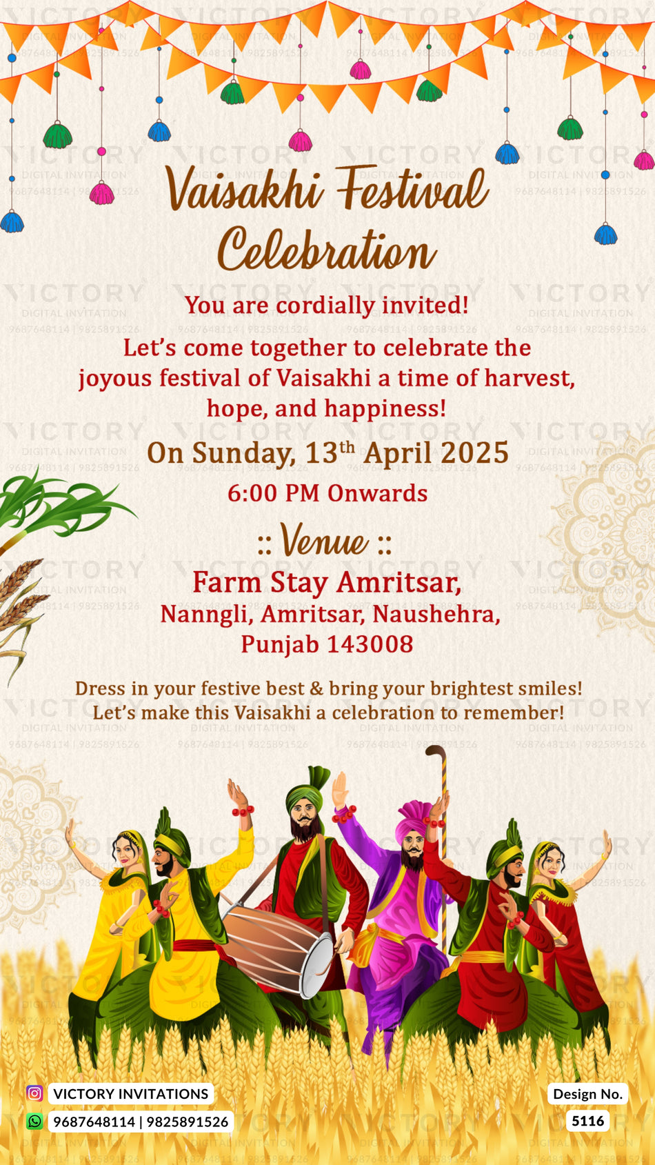 Baisakhi Party invitation card in english language with Wheat ears, doodle as minimalistic theme design 5116