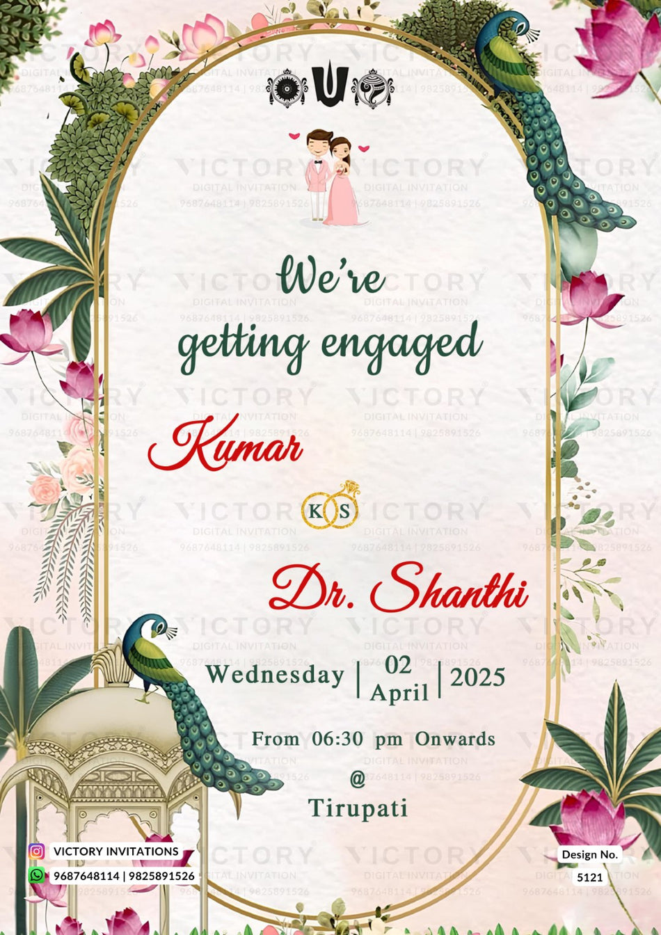 Engagement ceremony invitation card in english language with temple, lotus as floral theme design 5121