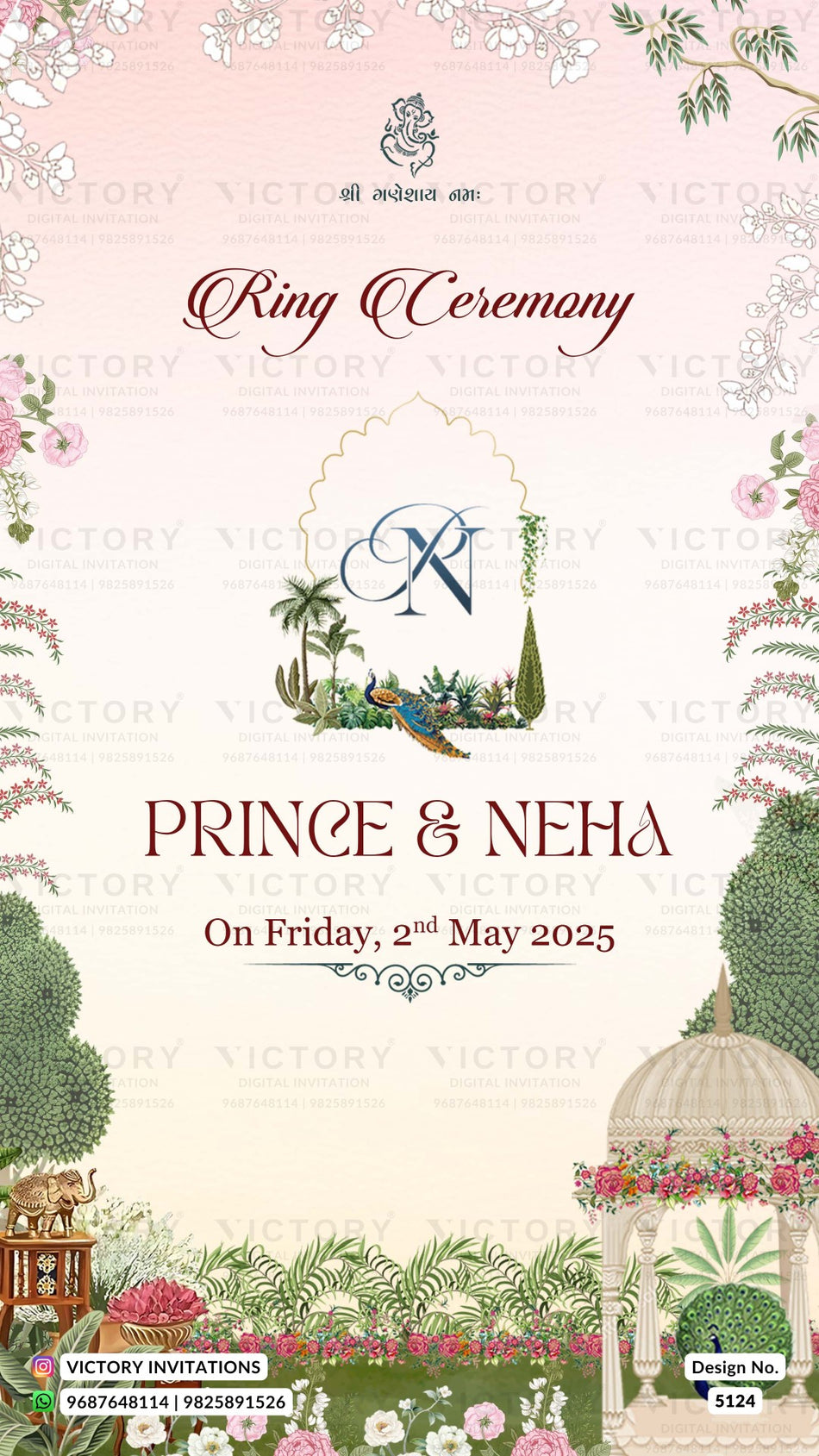 Chandla vidhi Engagement invitation card in gujarati language with temple, peacock as garden theme design 5124