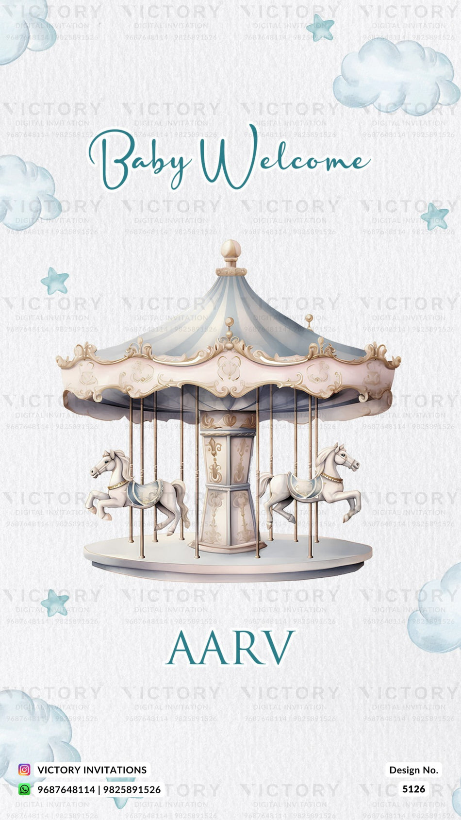 Baby welcome party invitation card in english language with Horse Carousel, cloud as playful theme design 5126