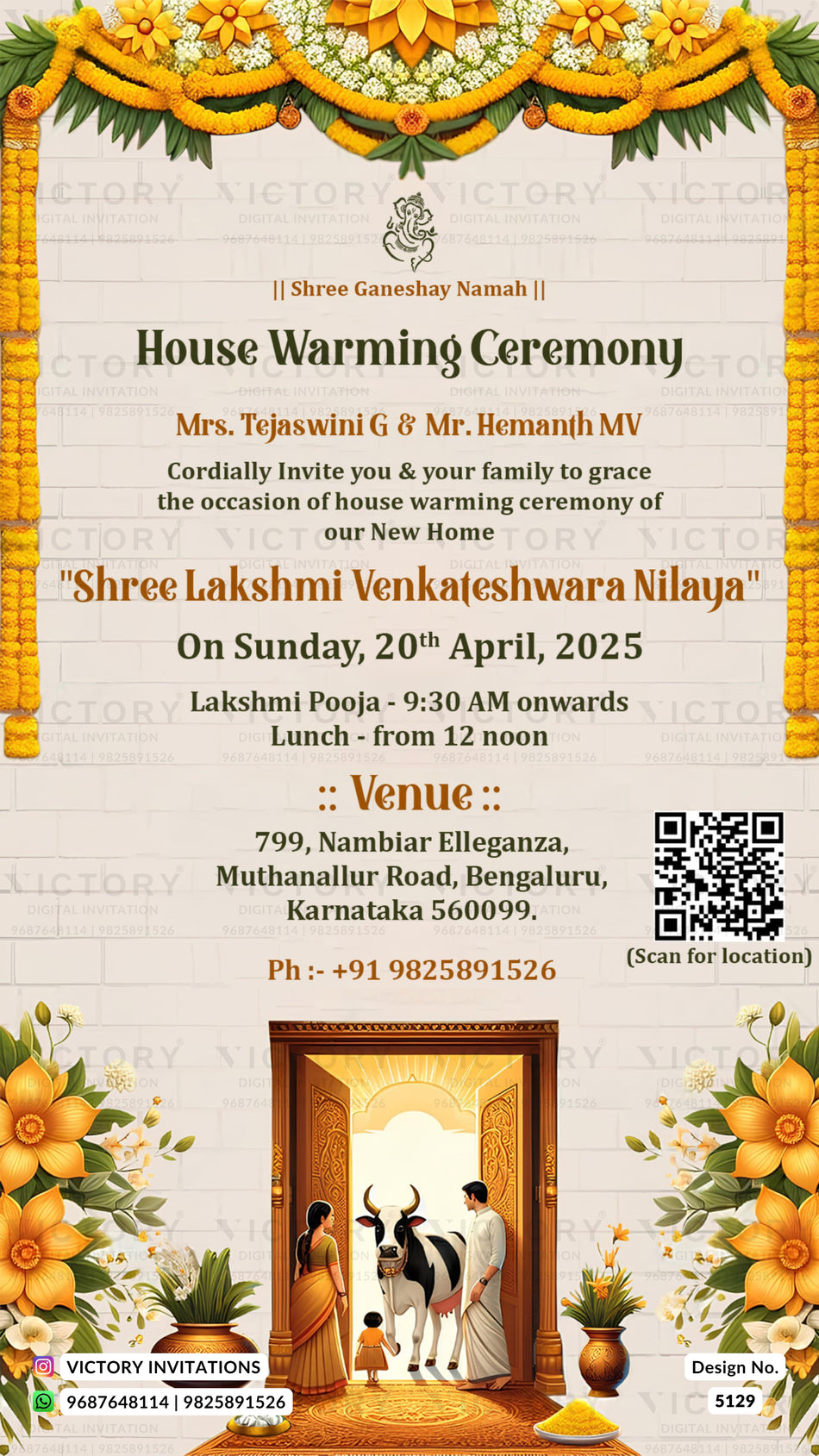 House Warming ceremony invitation card in english language with floral theme design 5129