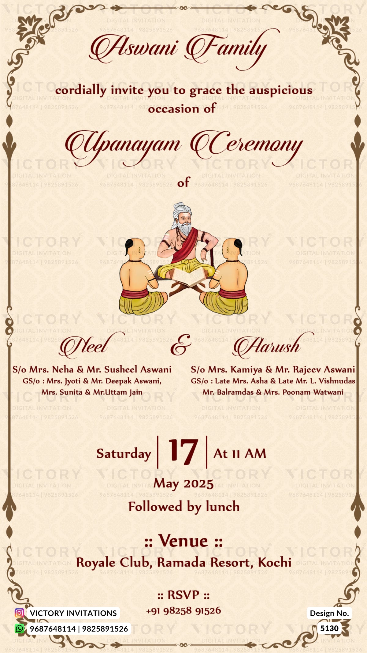 A traditional Indian wedding invitation card for an 'Apswani Family' Upanayam Ceremony, featuring a beige background with elegant dark red text, an illustration of a traditional wedding ceremony in the center, and event details for 'Glee & Harsh' on a Friday, May 17, 2025, at 11 AM in Kochi.
