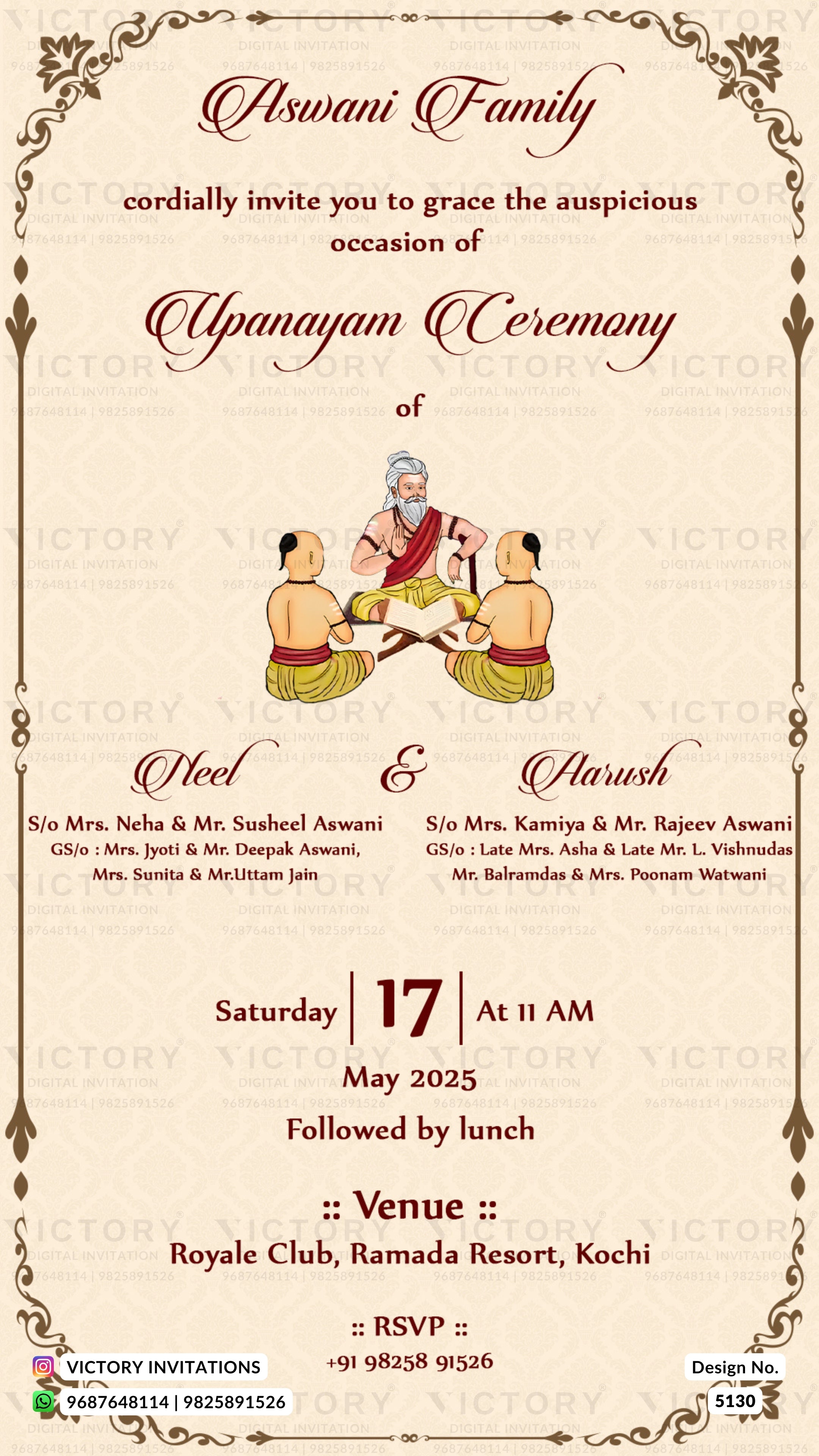 A traditional Indian wedding invitation card for an 'Apswani Family' Upanayam Ceremony, featuring a beige background with elegant dark red text, an illustration of a traditional wedding ceremony in the center, and event details for 'Glee & Harsh' on a Friday, May 17, 2025, at 11 AM in Kochi.