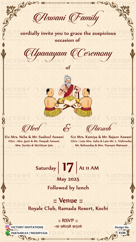 A traditional Indian wedding invitation card for an 'Apswani Family' Upanayam Ceremony, featuring a beige background with elegant dark red text, an illustration of a traditional wedding ceremony in the center, and event details for 'Glee & Harsh' on a Friday, May 17, 2025, at 11 AM in Kochi.