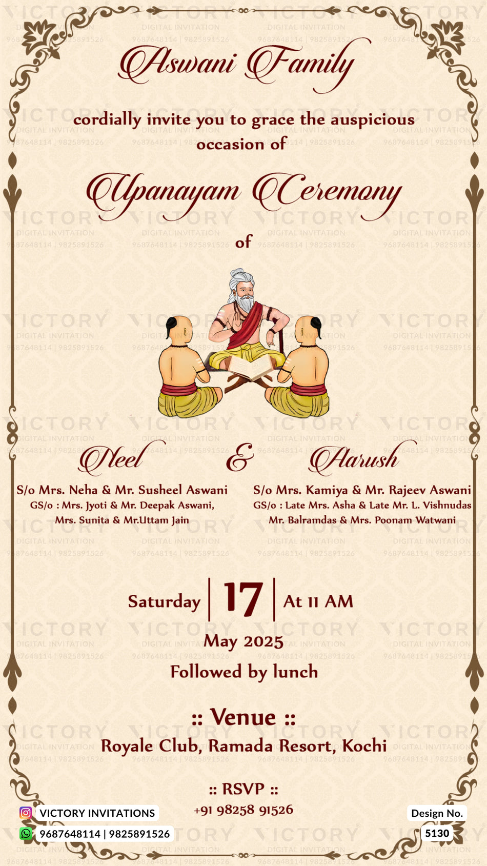 A traditional Indian wedding invitation card for an 'Apswani Family' Upanayam Ceremony, featuring a beige background with elegant dark red text, an illustration of a traditional wedding ceremony in the center, and event details for 'Glee & Harsh' on a Friday, May 17, 2025, at 11 AM in Kochi.