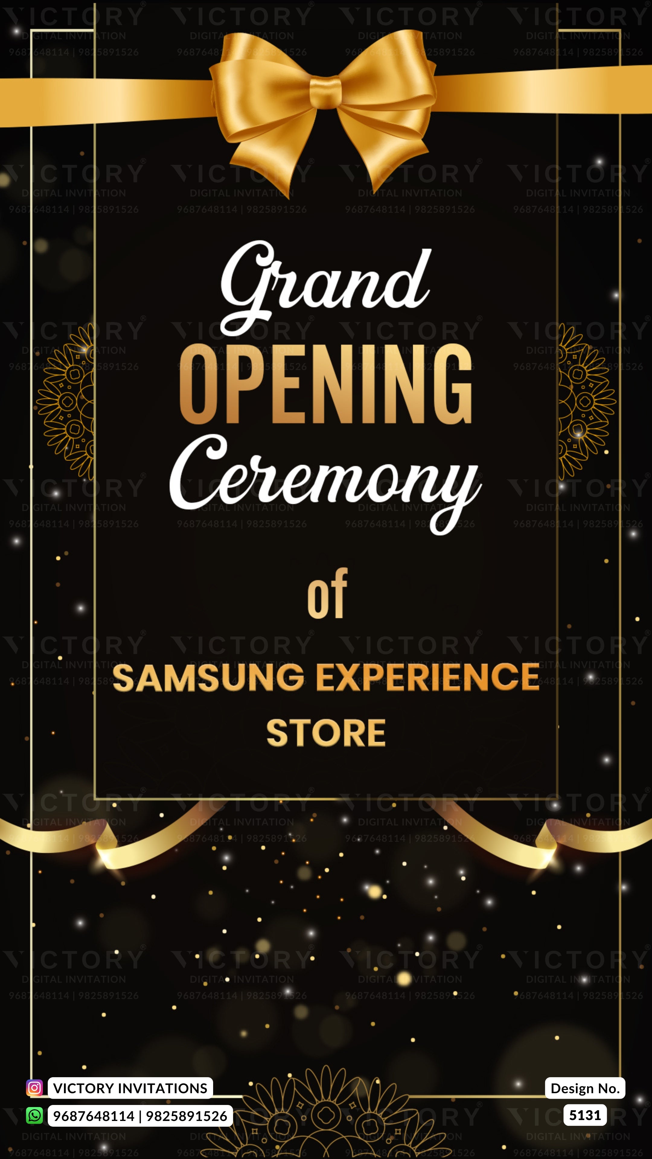 A digital invitation template for a Samsung Experience Store grand opening ceremony, featuring a black background with gold glitter, a large gold bow at the top, and elegant white and gold typography.