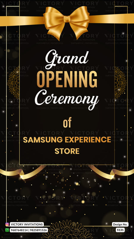 A digital invitation template for a Samsung Experience Store grand opening ceremony, featuring a black background with gold glitter, a large gold bow at the top, and elegant white and gold typography.