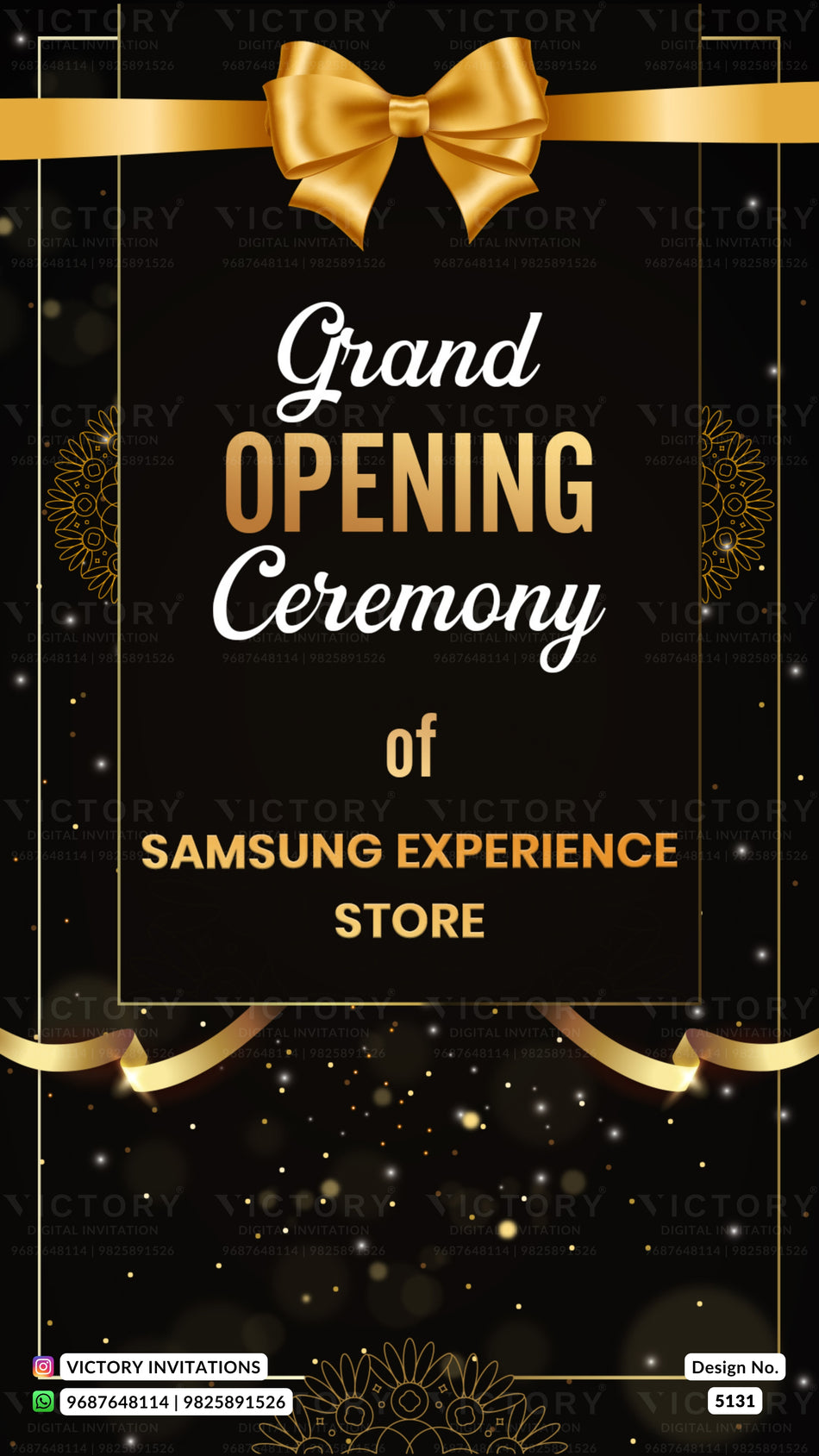 A digital invitation template for a Samsung Experience Store grand opening ceremony, featuring a black background with gold glitter, a large gold bow at the top, and elegant white and gold typography.