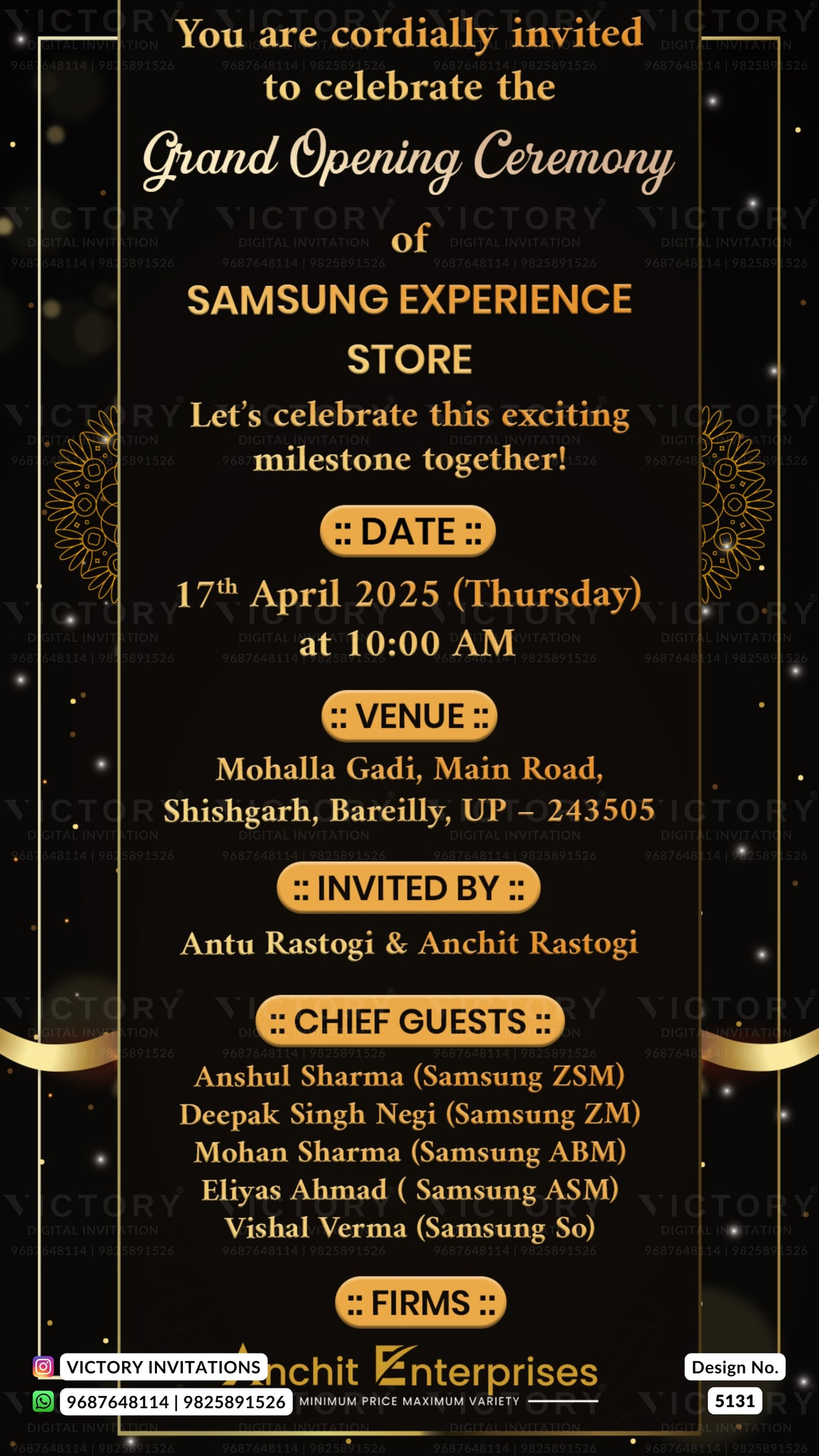 A digital invitation card for the Grand Opening Ceremony of Samsung Experience Store, featuring a black background with elegant gold and white typography, gold decorative borders, and a list of chief guests and firms.