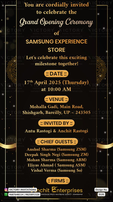A digital invitation card for the Grand Opening Ceremony of Samsung Experience Store, featuring a black background with elegant gold and white typography, gold decorative borders, and a list of chief guests and firms.