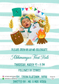 First holy communion ceremony invitation card in english language with bonfire, dhol as playful theme design 5133