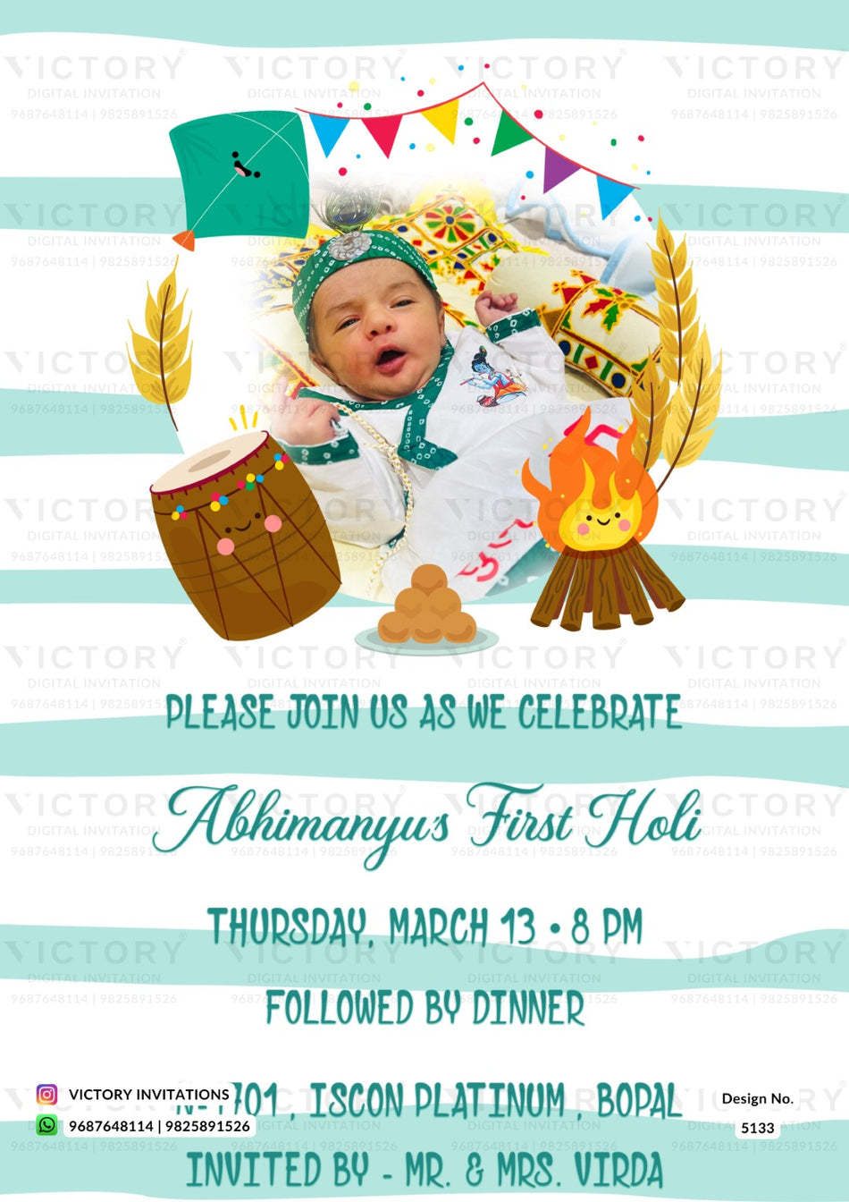First holy communion ceremony invitation card in english language with bonfire, dhol as playful theme design 5133