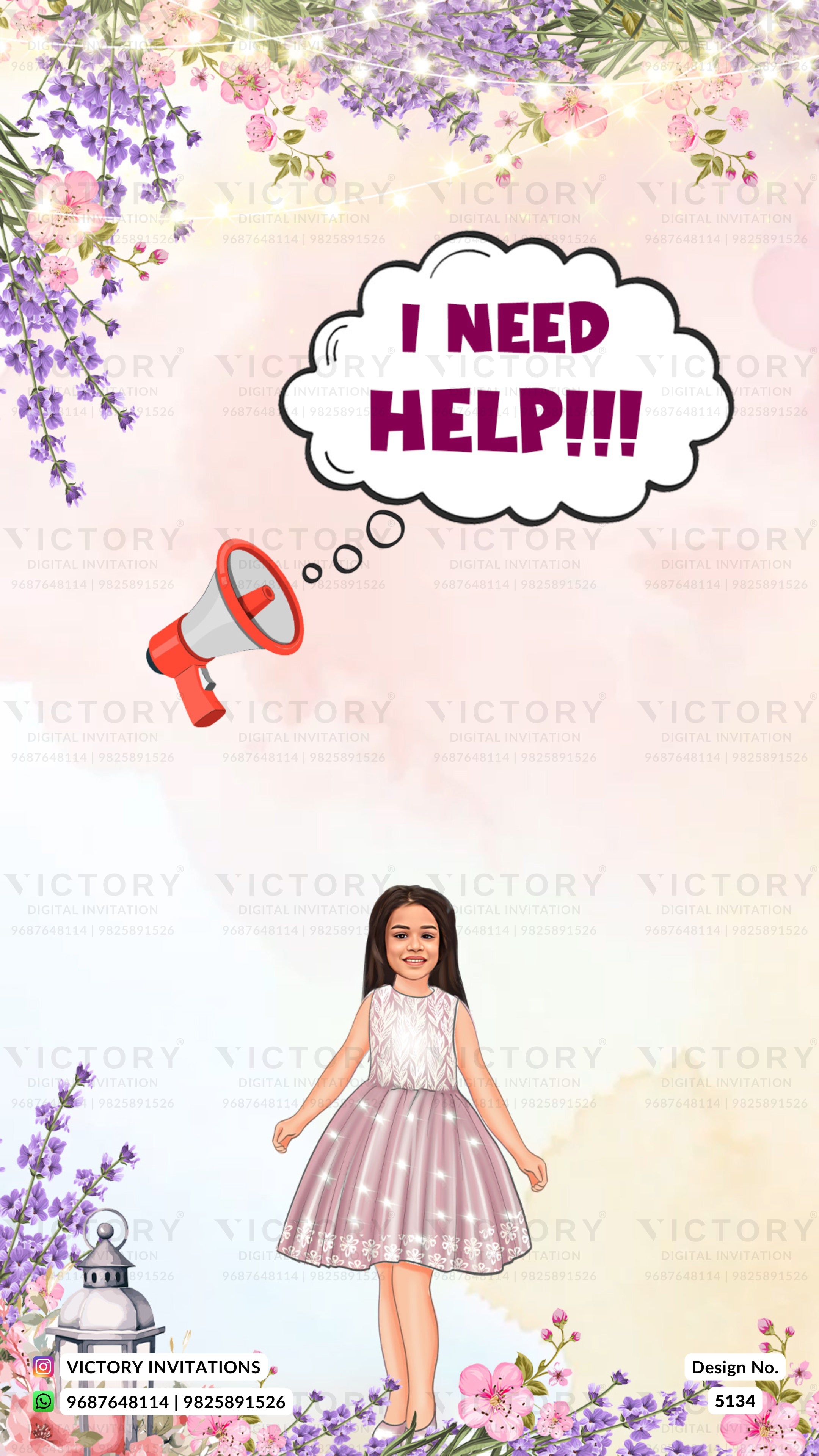 A digital invitation card design featuring a cartoon illustration of a young girl in a pink and white dress, a red megaphone, and a speech bubble that reads 'I NEED HELP!!!' against a pastel pink and yellow background decorated with purple flowers.