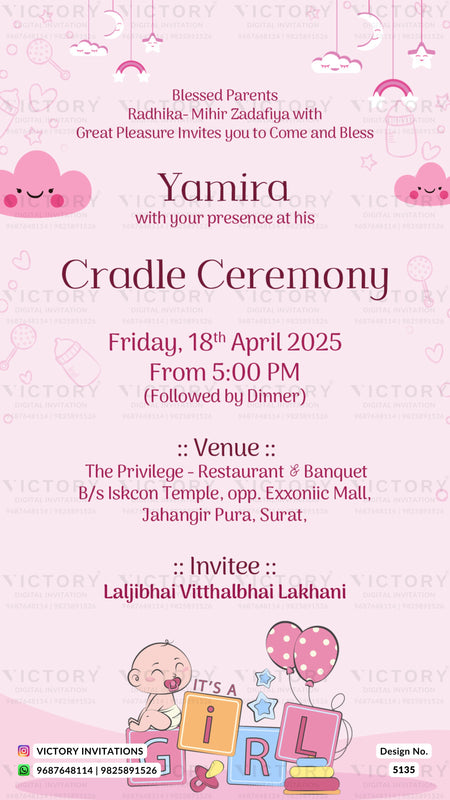 A pink baby girl's cradle ceremony invitation card with cute cartoon illustrations of a baby, clouds, and balloons. The text details the event for Yamira on Friday, 18th April 2025, at The Privilege - Restaurant & Banquet.