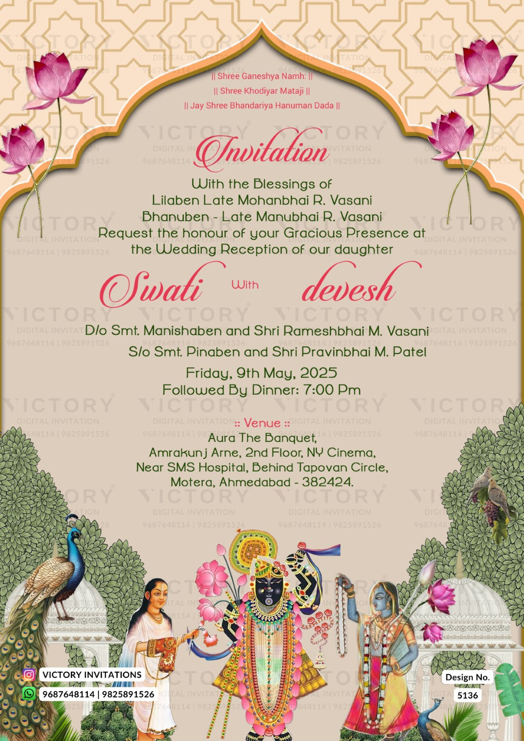 A festive wedding invitation card for 'Siwali Devsh' featuring a traditional Indian arch design, pink lotus flowers, and detailed illustrations of Lord Krishna and other deities at the bottom. The card is written on behalf of Victory Invitations.