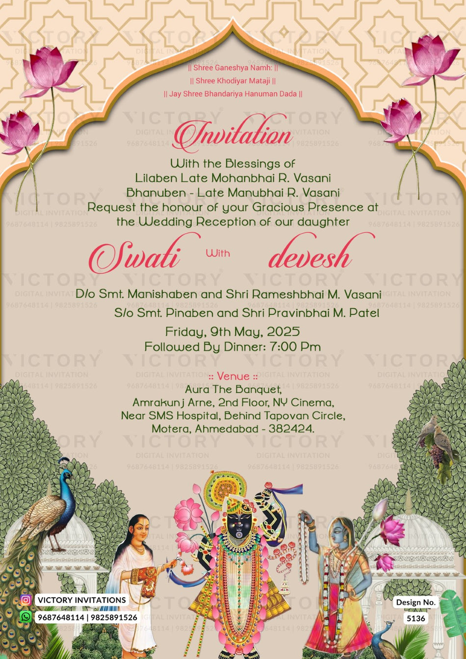 A festive wedding invitation card for 'Siwali Devsh' featuring a traditional Indian arch design, pink lotus flowers, and detailed illustrations of Lord Krishna and other deities at the bottom. The card is written on behalf of Victory Invitations.