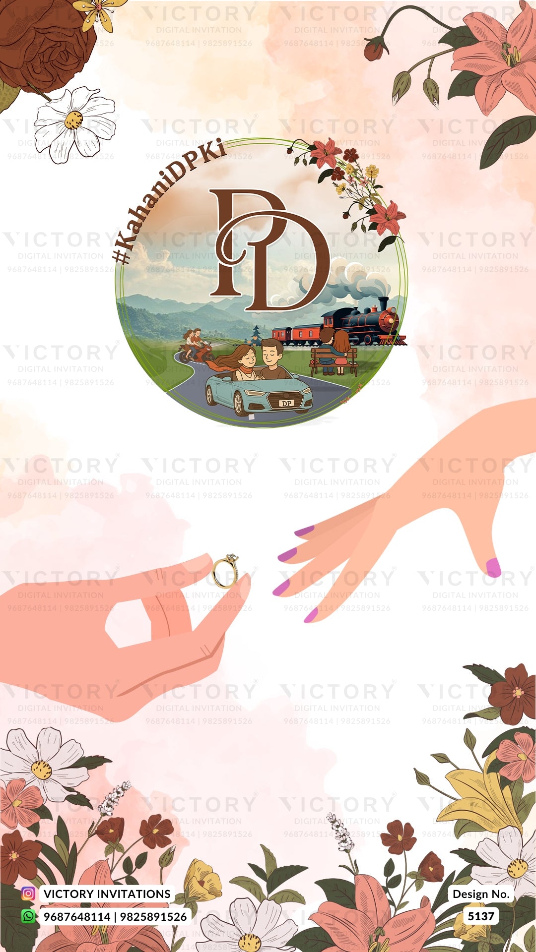 A digital invitation card design for an event, featuring a central oval illustration with a train and the text '#KahaniDPKi' and a large 'KP' monogram. Two illustrated hands are shown exchanging a ring, surrounded by floral borders and watermarks reading 'VICTORY INVITATIONS'.
