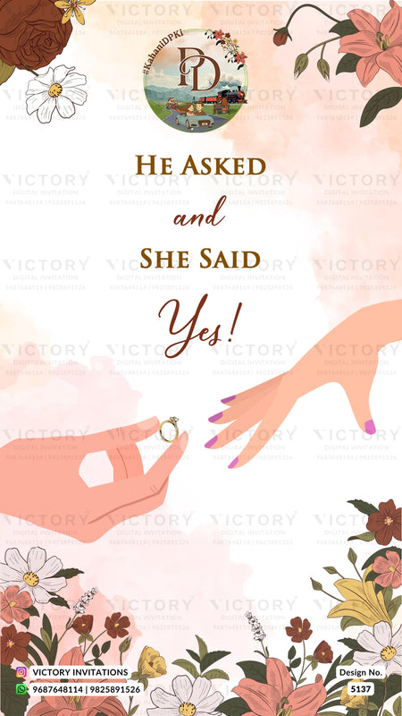 A wedding invitation card design with the text 'HE ASKED and SHE SAID Yes!' in elegant typography, surrounded by floral illustrations and two illustrated hands exchanging a ring. The brand name 'Victory Invitations' is visible in the top logo and watermarked across the design.