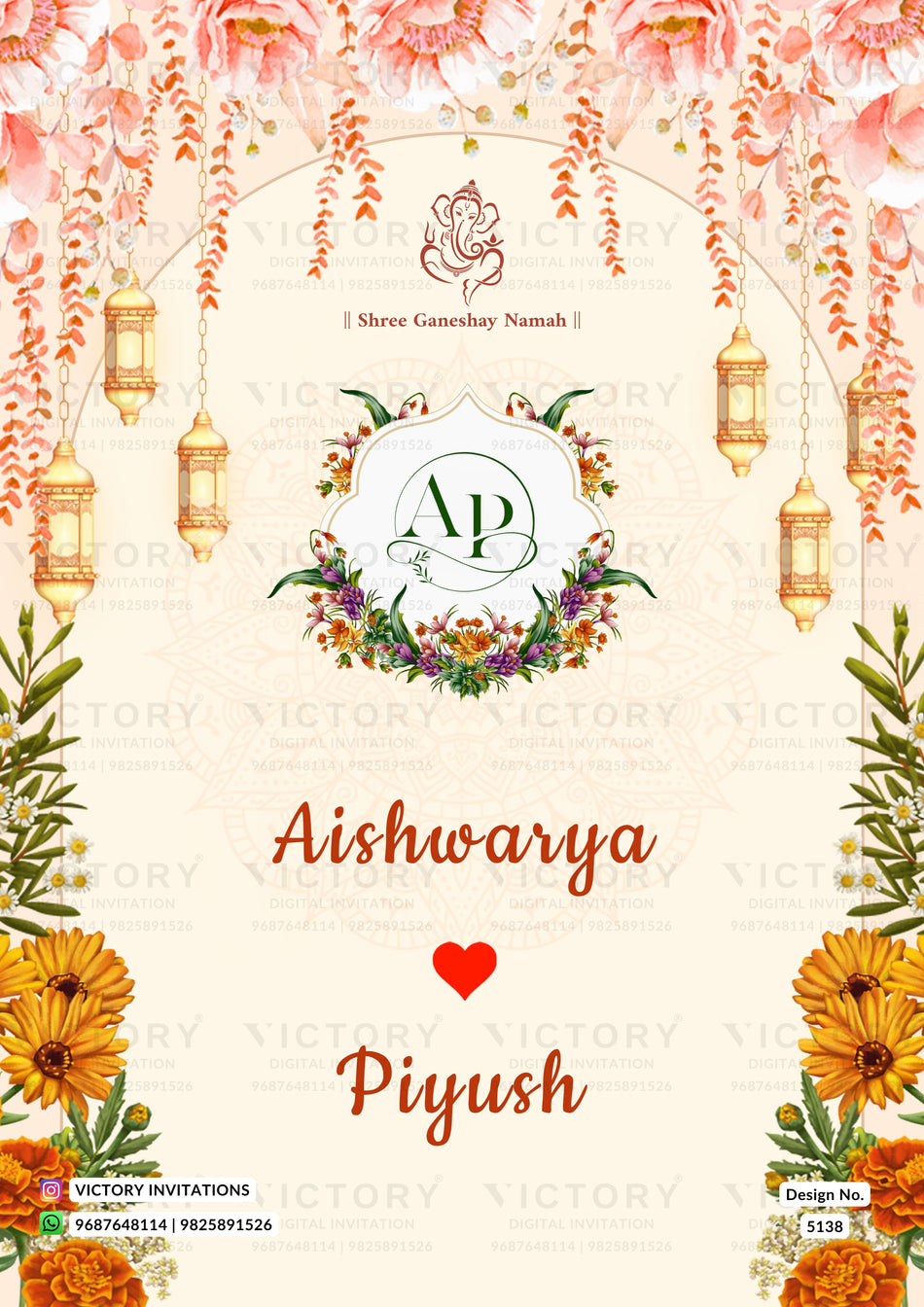 Wedding ceremony invitation card of hindu maharashtrian marathi family in english language with floral theme design 5138