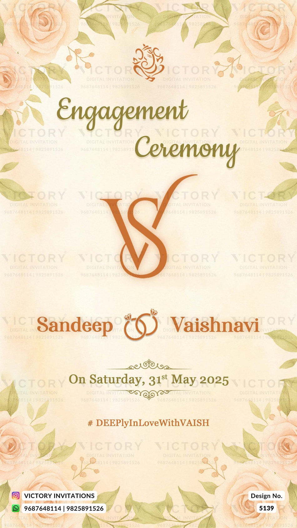 Engagement ceremony invitation card in english language with leaves as floral theme design 5139