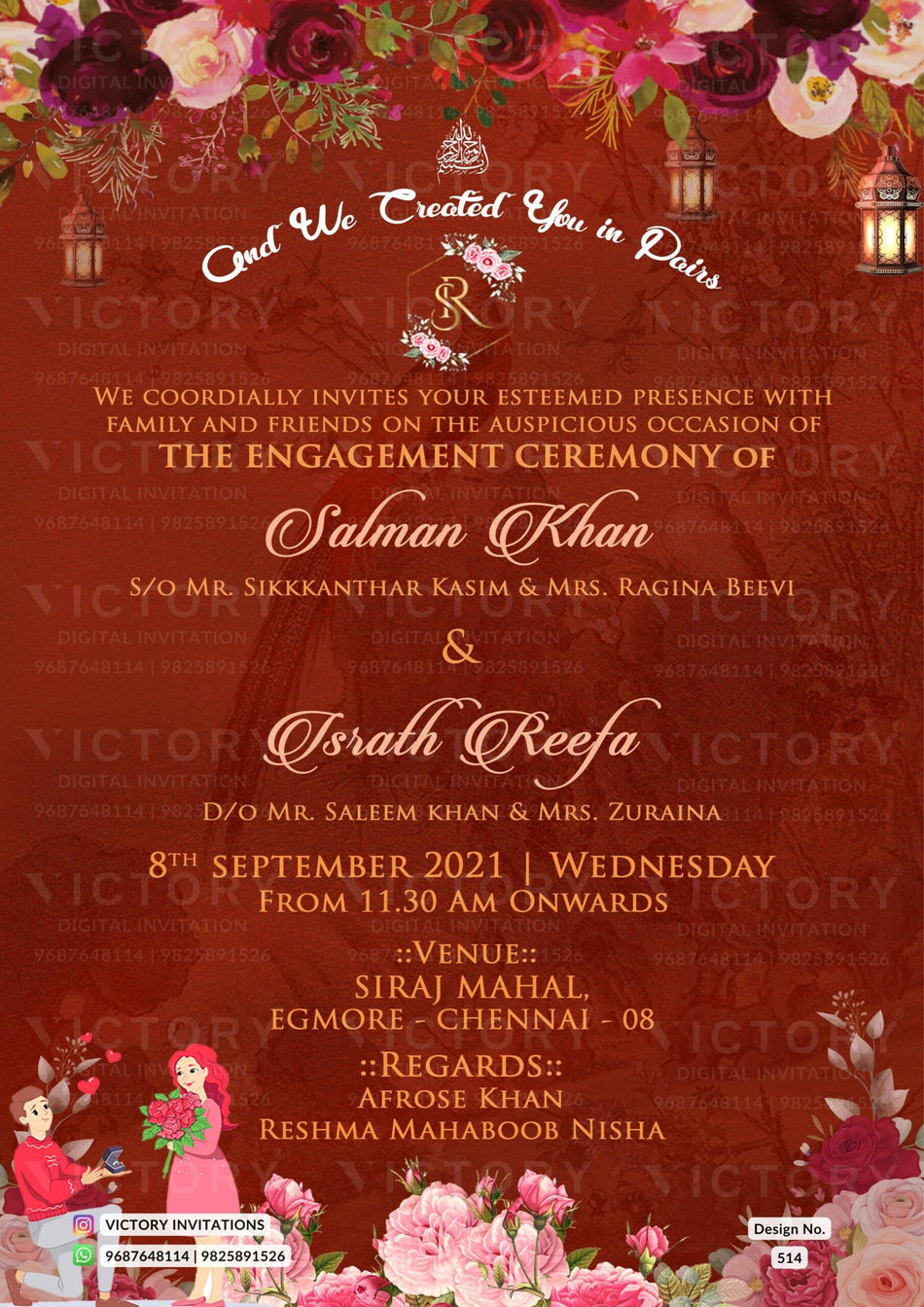 Engagement ceremony invitation card in english language with couple doodle, lantern, name logo as floral theme design 514