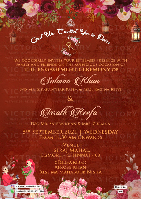 Engagement ceremony invitation card in english language with couple doodle, lantern, name logo as floral theme design 514