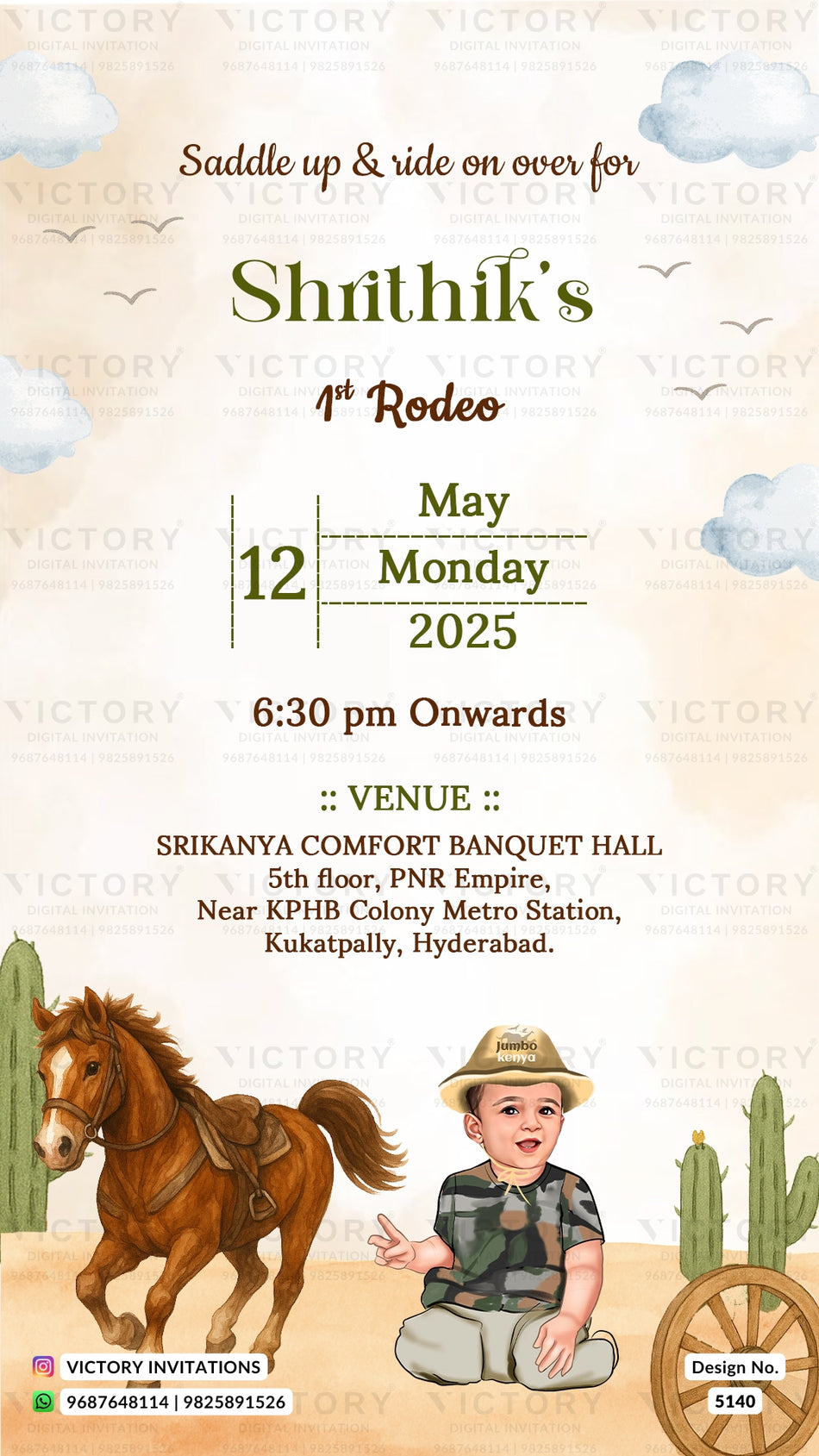 A digital invitation template for a child's 1st Rodeo, featuring a western theme with illustrations of a cowboy, a horse, cacti, and a wagon wheel on a beige background with subtle clouds.