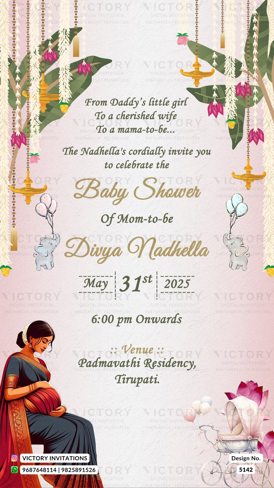 A digital baby shower invitation card with a pink and gold theme, featuring elegant gold text, hanging floral garlands, and a seated pregnant woman illustration on the bottom left.