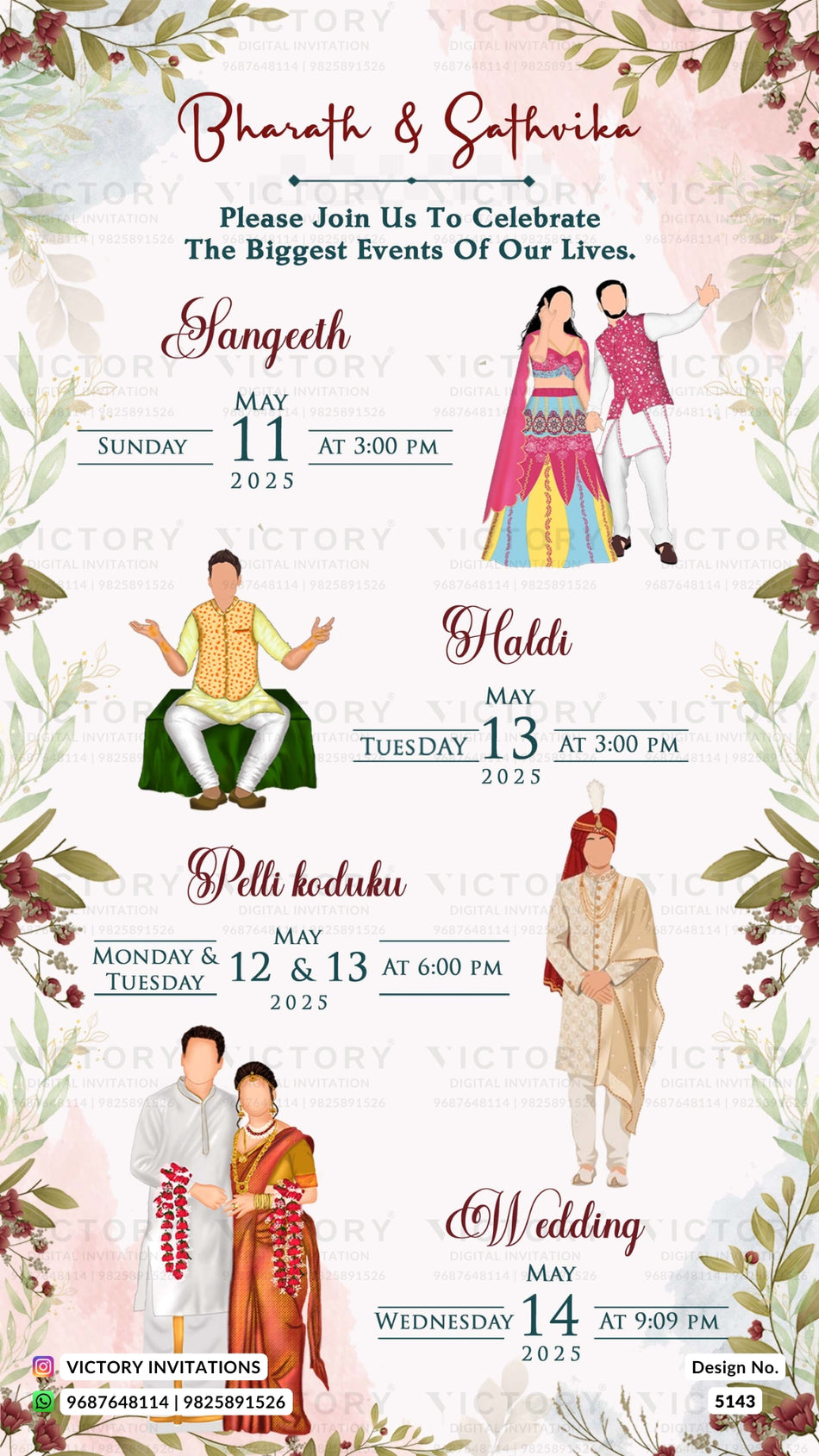 A digital Indian wedding invitation card featuring watercolor floral borders and illustrations of couples in traditional and modern attire. The card outlines event details for 'Bharath & Sathvika' in English, with sections for Sangheeth, Haldi, Pelli kaduku, and Wedding, set against a soft pink and green watercolor background.