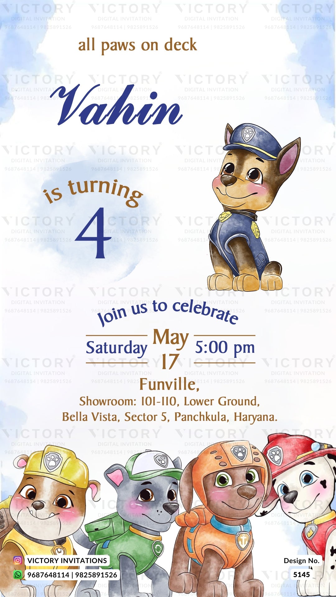 A children's birthday invitation card featuring汪汪犬 character illustrations from Paw Patrol. The card has a white background with light blue watercolor clouds at the top, blue text reading 'Vahin is turning 4', event details in the center, and several colorful dog characters along the bottom.