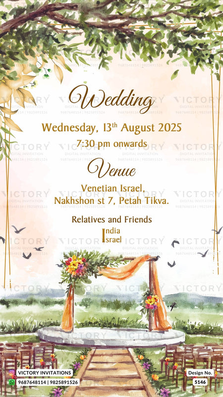 A wedding invitation card featuring a watercolor illustration of an outdoor wedding ceremony. The design includes a tree canopy at the top, elegant gold script text detailing the date, time, venue in Venice, Israel, and the invitation company 'Victory Invitations' at the bottom.
