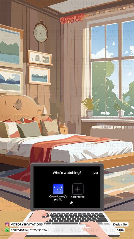 A stylized illustrated bedroom scene with a bed, window, and framed wall art, overlaid with a laptop mockup showing streaming interface elements and a visible 'Victory Invitations' watermark at the bottom.