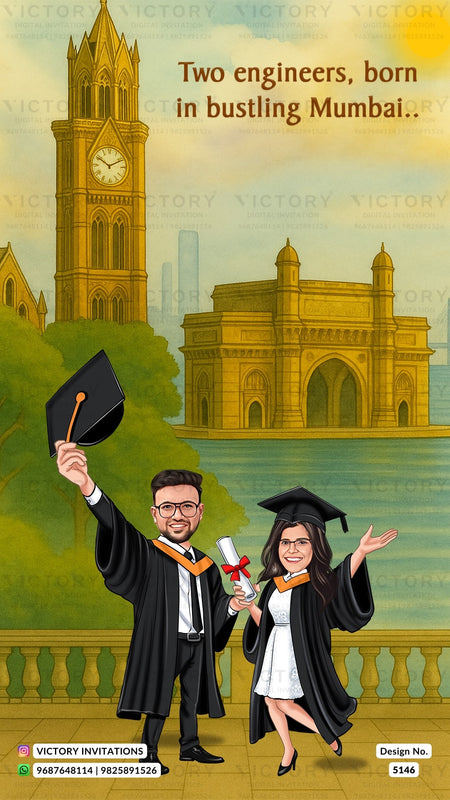 A cartoon-style graduation banner featuring two graduates in black caps and gowns celebrating with a diploma, set against a backdrop of Mumbai landmarks including the clock tower and a golden monument. Text at the top reads 'Two engineers, born in bustling Mumbai.