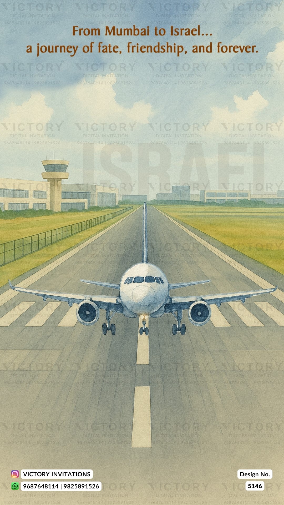 A travel poster or invitation design featuring an illustration of an airplane on a runway at an airport, with the text 'From Mumbai to Israel.