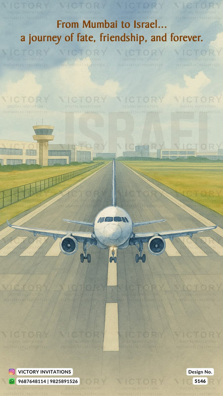 A travel poster or invitation design featuring an illustration of an airplane on a runway at an airport, with the text 'From Mumbai to Israel.