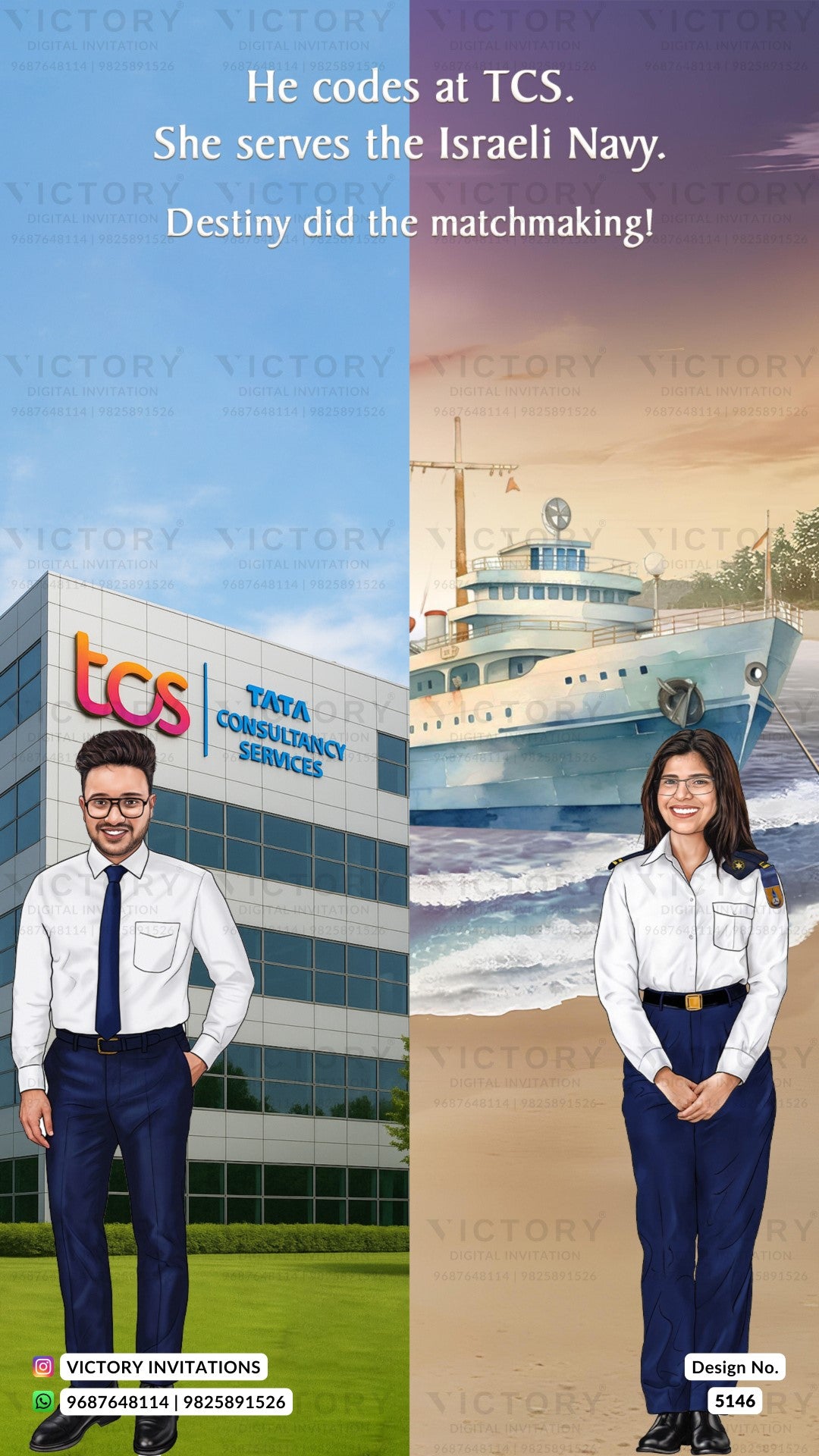A split promotional graphic for TCS and YATA Consultancy Services, featuring a man in a white shirt and navy tie standing in front of a TCS building on the left, and a woman in a white shirt and navy uniform standing in front of a ship on the right. White text at the top reads, 'He codes at TCS.