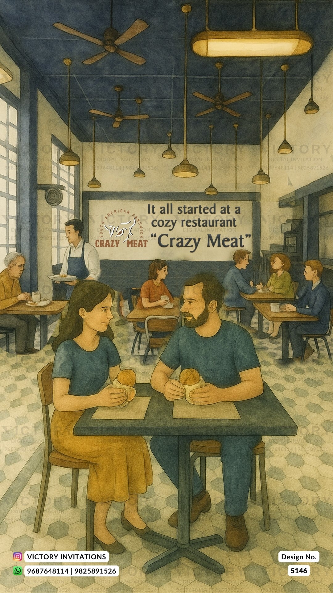 Vintage-style illustrated restaurant scene with a couple seated at a table, other diners in the background, hanging ceiling fans, and a sign reading 'Crazy Meat' and 'It all started at a cozy restaurant "Crazy Meat"'.
