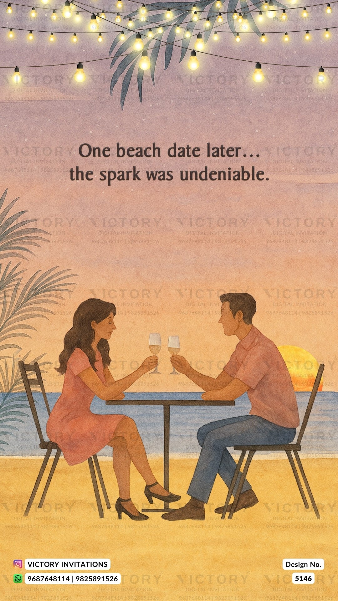 Beach-themed wedding invitation card featuring an illustration of a couple clinking glasses at a table on a sandy beach, with string lights and palm trees. The text reads 'One beach date later.