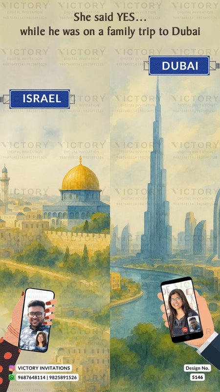 A split-screen travel invitation design comparing Jerusalem and Dubai. The left side shows the golden Dome of the Rock under a pale sky, with the text 'ISRAEL' and a phone showing a video call.