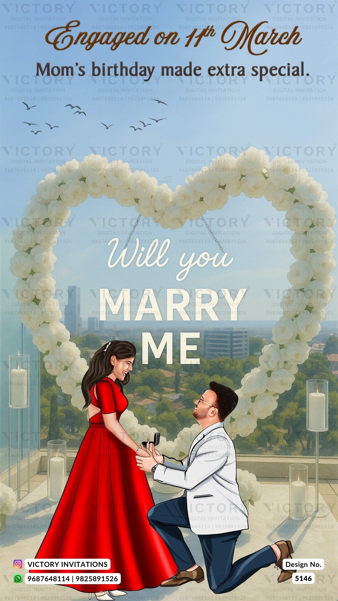 Engaged birthday invitation card design featuring a couple with a red dress and white suit, kneeling in front of a large white floral heart-shaped arch. The text reads 'Will you MARRY ME' and 'Engaged on 11th March.