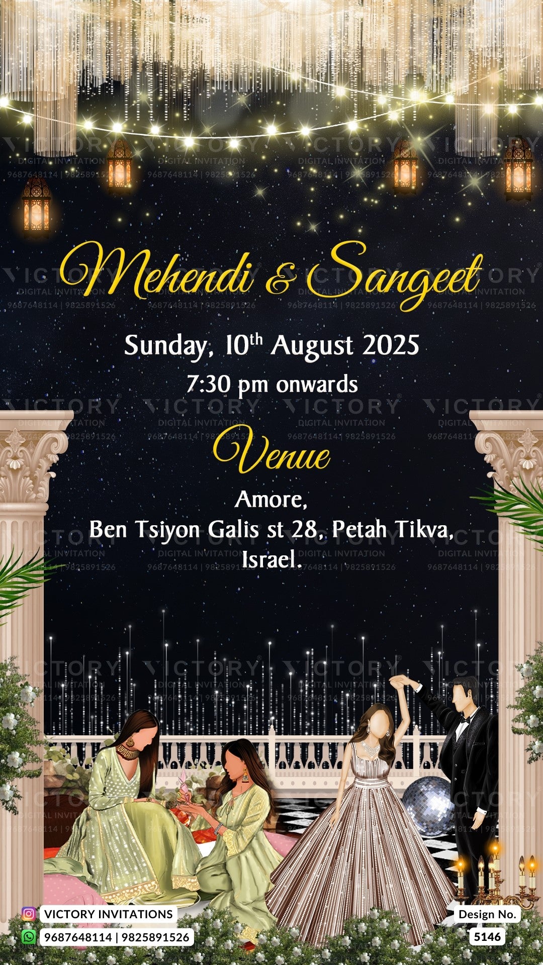 A digital invitation card design for a 'Mehndi & Sangeet' event, featuring elegant gold and white typography on a dark starry night sky background. The top of the card shows hanging lanterns and string lights, while the bottom features an illustration of a wedding couple and guests in traditional and western attire.