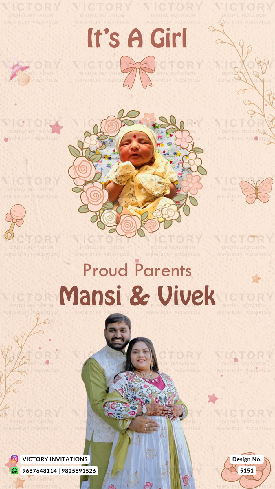 A baby shower invitation card design celebrating 'It's A Girl' for 'Mansi & Vivek'. The top half features a photo of a baby in a yellow outfit framed by a pink and green floral wreath, with a pink bow above.