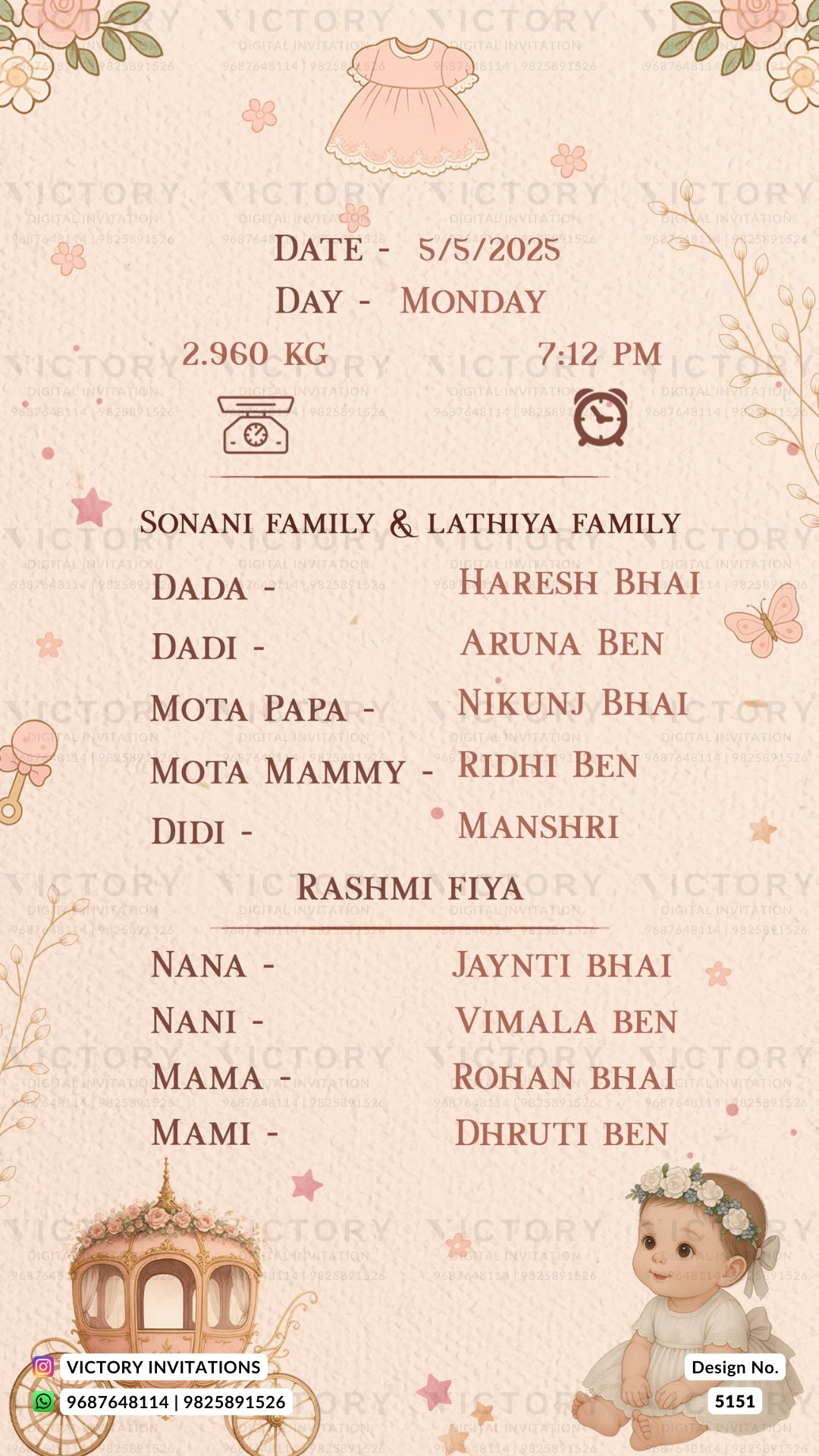 A baby shower invitation card with a pink and beige theme, featuring a baby dress illustration at the top, a baby at the bottom right, and a small temple illustration at the bottom left. The card lists names, dates, time, weight, and family names in a clean, readable format.